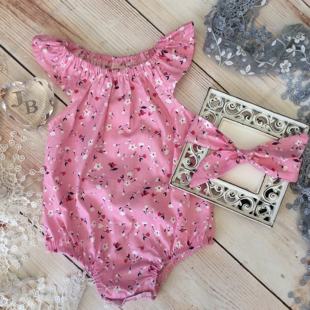 Boutique Baby Girls Pink Floral Romper & Headband